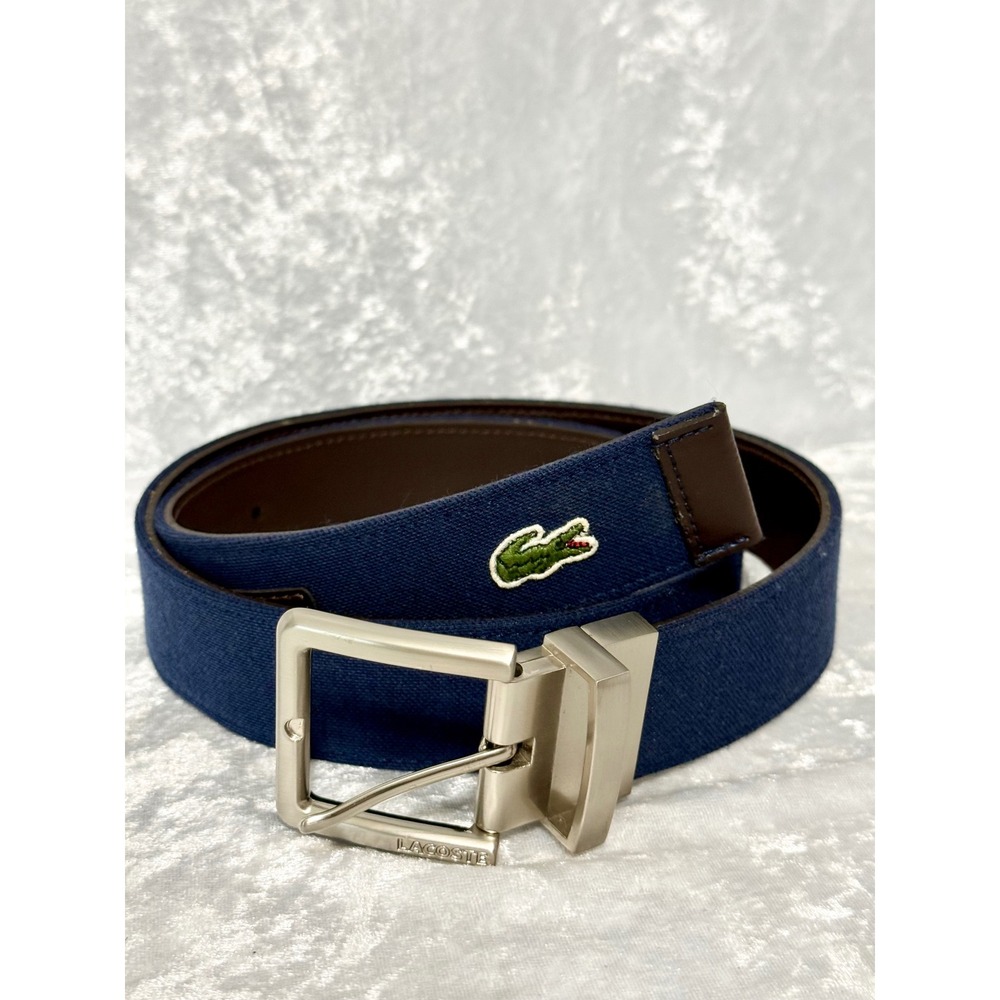Lacoste Mens Reversible Belt Navy  Canvas Brown Leather Silver Buckle Logo Sz 32